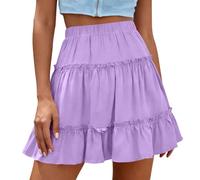 Purple Ladies Skirts Elastic Waist Mini Length Basic A-Line Skirts Breathable Solid Color Short Skater Skirt Casual Stretchy High Waist Flared Pleated Skirt for Club Streetwear Size XL