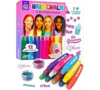 Purple Ladybug 12 Vibrant Colour Hair Chalks for Girls with Glitter Tattoos - Birthday Gift for Kids & Teens - Easy Wash Out, Safe Non-Toxic Temporary Hair Colour for Kids