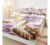 Purple Lavender Bedding Set for Girls Boys Country Rustic Style Fitted Sheet Old Books Floral Bed Cover Room Decor Purple Brown Sheet Set with 2 Pillowcase,No Top Flat,Double