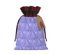 Purple Lavender Colored Flowers Printing Color Matching Plaid Drawstring Christmas Bag With Kraft Tag 4.7x6.9 In For Halloween