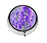 (Purple Lavender Colored Flowers) Round Pill Box with 3 Compartments Small Portable Pill Organizer for Travel