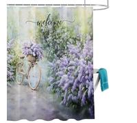 Purple Lavender Shower Curtain for Bathroom, Welcome Bicycle Idyllic Watercolor Flower Waterproof Cloth Fabric Bathroom Accessories Set with 12 Rust Proof Plastic Hooks, 66” x 72”