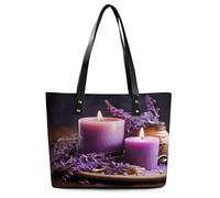 Purple Lavender with Candles Tote Bag Large Soft Leather Purse with Zipper Lightweight Ladies Shoulder Handbag