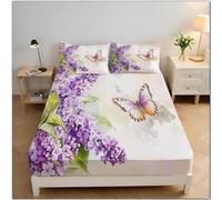 Purple Lilac Fitted Sheet Super King Size Flowers Butterfly 3D Fitted Sheets Deep Pocket 12 inch 30 cm Bottom Sheet Ultra Soft Microfibre Bedding Set with 2 Pillowcases a/2897