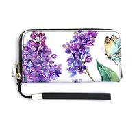 Purple Lilac Flowers Green Leaves Butterfly On White Long Clutch Wallet, Long Handbag with Removable Wristlet Strap, PU Leather Zip Purse, Credit Pass Case Card-Holder for Men Women