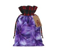 Purple Lily Flowers Christmas Drawstring Linen Gift Bag Paired With Scottish Plaid Fabric, With A Delicate And Simple Texture