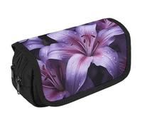 Purple Lily Flowers Pencil Case Organizer Large Capacity Cute Pen Pouch with 3 Compartment Office Stationery Large Pencil Bags with Zipper Fabric Pen Bag for Adults Portable Makeup Bag (Black)