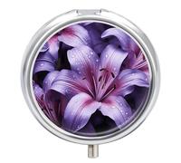 Purple Lily Flowers Pill Organizer 3 Compartment Travel Pillbox with Mirror Daily Medicine Pill Case Metal Pill Box for Purse & Pocket Portable Small Medicine Box Round Vitamin Case Container