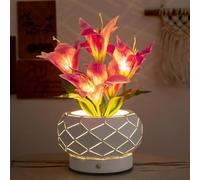 Purple Lily Rechargeable Wireless Desktop Desk Lamp 3-Color Dimmable Simulated Flower Decorative Lamp Geometric Hollow Iron Flower Pot for Coffee Shop and Party Decoration(Lily Purple 4.7*4.7*11.4in)