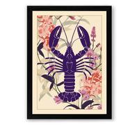 Purple Lobster in Bloom Vintage Framed Wall Art Print A2 (59.4×42cm) Black, Wall Decor for Living Room, Bedroom, Office & Home, Ready to Hang, Art Gift