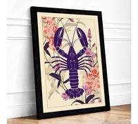 Purple Lobster in Bloom Vintage Framed Wall Art Print A4 (29.7×21cm) Black, Wall Decor for Living Room, Bedroom, Office & Home, Ready to Hang, Art Gift