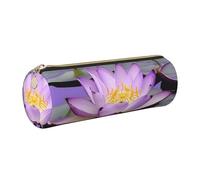Purple lotuses flower Case Leather Pen Bag Slim Pencil Pouch Lovely Stationery Bag Portable Cosmetic Bag Zipper Organizer Bag