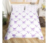 Purple Love Heart Bow Duvet Cover Double Watercolor Geometric Bowknot Comforter Cover Cute Kawaii Princess Bedding Set Dreamy Purple Bow Bedspread Cover For Kids Teen Adults