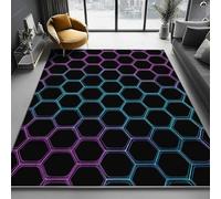 Purple Machine Washable Non-Slip Area Rug - Short Pile Carpet for Living Room Bedroom with Geometric Hexagons Printed, Easy to Clean, 60 x 120 cm