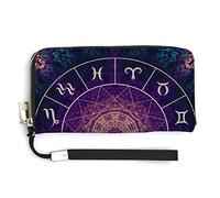 Purple Magic Circle with Zodiacs Sign on Abstract Mystic Background Long Clutch Wallet, Long Handbag with Removable Wristlet Strap, PU Leather Zip Purse, Credit Pass Case Card-Holder for Men Women