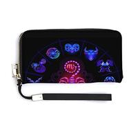 Purple Magic Circle with Zodiacs Sign on Abstract Mystic Background Long Clutch Wallet, Long Handbag with Removable Wristlet Strap, PU Leather Zip Purse, Credit Pass Case Card-Holder for Men Women