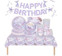 Purple Mermaid Party Tableware Set for Girls, 82pcs Little Mermaid Themed Party Paper Plates, Cups, Napkins, Tablecloth and Banner Kits for Girls Birthday Party Picnic Decoration