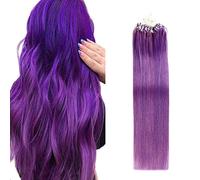 Purple Micro Loop Ring Human Hair Extensions Long Micro Loop Ring Beads Fish Line Natural Straight Real Hair Extension for Women,50G 100 Strands,24inch (60cm)