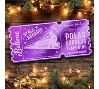 Purple Mirror Acrylic Ticket Christmas Train Polar Express Personalised Any Text Voucher | Custom Surprise Reveal Voucher Ticket | Announcement Greeting Card | Note Card