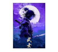 Purple Moon Samurai Anime Poster, Japanese Art Print, Manga Style Samurai Poster, Bedroom Wall Art, A3 (Print Only) - 42x29.7cm