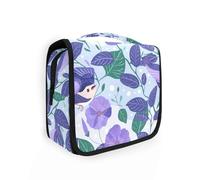 Purple Morning Glory Flowers Birds Cartoon Style Large Make up Bag with Hanging Hook Compact Skincare Bag Trip
