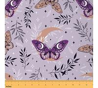 Purple Moth Fabric for Decoration by The Yard,Ethnic Boho Moon Pattern Outdoor Fabric for DIY Projects,Nature Botanical Leaves Pattern Room Decor and Upholstery,2Yards