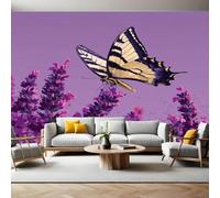 Purple Mural Wallpaper Flowers Lavender and Butterflies Photo Wallpaper 3D Effect 200 x 140 cm Non-Woven Wall Mural Home Bedroom Living Room Tv Background Poster Decoration