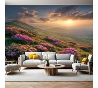 Purple Mural Wallpaper Wildflowers on The Sunshine Mountain Photo Wallpaper 3D Effect 200 x 140 cm Non-Woven Wall Mural Home Bedroom Living Room Tv Background Poster Decoration