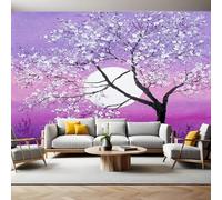 Purple Murals Photo Wallpaper Cherry Blossoms Under The Moon Non-Woven Premium Art Print Fleece Wall Mural Poster Picture Design Modern Boy Girl Bedroom Home Decor 350 x 256cm