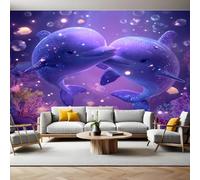 Purple Murals Photo Wallpaper Cute Cartoon Dolphin Non-Woven Premium Art Print Fleece Wall Mural Poster Picture Design Modern Boy Girl Bedroom Home Decor 350 x 256cm