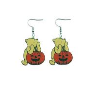 Purple Myrtle Classic Pooh Bear Halloween Dangle Earrings, Vintage Pumpkin Design, Green