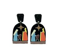 Purple Myrtle Nativity Scene Dangle Earrings, Christian Religious Design, Lightweight Acrylic, Silver Hooks
