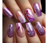 Purple Nebula Dream False Nails With Cosmic Glitter Full Cover Medium Square - Press On Manicure Kit Featuring Sparkling Marble Patterns And Jelly Adhesive Tabs For Women, Glamorous Manicure Set
