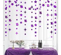Purple Number 16 Circle Dot Twinkle Star Garland Kit Metallic Hanging Streamer Bunting Banner Backdrop Decorations for Girls Boys 16th Birthday Sweet Sixteen Wedding Anniversary Bridal Shower Party
