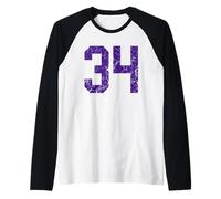 Purple Number 34 Jersey Player Uniform #34 Grunge Raglan Baseball Tee