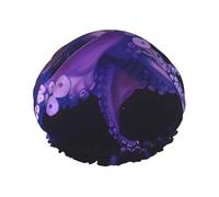 Purple Octopus Print Shower Cap - Double Layer Breathable, Adjustable Elastic Strap, Durable Hotel Travel Essentials
