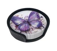 Purple Oil Painting Butterfly Round leather coasters (set of 6) Delicate and soft table decorations, suitable for coffee cups, mugs, etc.