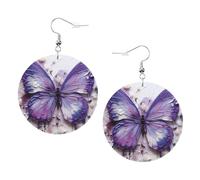 Purple Oil Painting Butterfly Round Leather Earrings White, Double-Side Printed Drop Dangle Jewelry for Women, for Festival Party Gift
