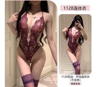 (purple, One Size) Sexy sexy neck lace seduction onesie women's pure desire to open crotch uniform lace-up pajamas