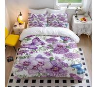 Purple Orchid Butterfly Dance Floral Duvet Cover Set, 3 Piece Bedding Set with Vibrant Flower Pattern, Soft and Breathable for Bedroom (04,Single135x200cm+65x65cm*2)