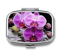 Purple Orchid Pill Case with 2 Compartment, Pill Organizer Portable Square Pill Box,Vitamin Pill Organizer for Pocket Purse and Travel