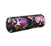 Purple orchids print Case Leather Pen Bag Slim Pencil Pouch Lovely Stationery Bag Portable Cosmetic Bag Zipper Organizer Bag