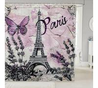 Purple Paris Eiffel Tower Shower Curtain,Butterfly Lavender Bathroom Curtain Kids Boys Girls Bathroom Decor,Floral Luxury Bath Curtain,Romantic French Style Waterproof Curtain,12 Hooks,72"Wx72"L