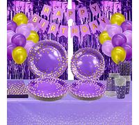 Purple Party Supplies Purple and Gold Decorations Set 25 Guests, Including Plates, Cups, Napkins, Straws, Banner, Tablecloths, Foil Curtains, for Wedding Graduation Mardi Gras Birthday Party