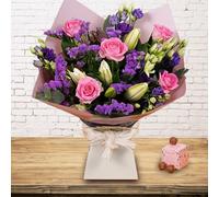 Purple Passion Hand-Tied Flower Bouquet - Fresh Purple Lisianthus, White Lilies, and Pink Roses - Next Day Prime Delivery - Perfect for Birthdays, Anniversaries (+ Champagne Truffles)