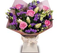 Purple Passion Hand-Tied Flower Bouquet - Fresh Purple Lisianthus, White Lilies, and Pink Roses - Next Day Prime Delivery - Perfect for Birthdays, Anniversaries, and Special Occasions