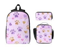 Purple Paw Print Backpack Set for Girls Boys with Lunch Bag Pencil Case Colorful Footprint 3 Pieces School Bags Insulated Lunchbox Gifts for Women Men