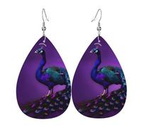 Purple Peacock pattern Printed Water Drop Earrings, Lightweight Leather Teardrop Dangle for Date and Party
