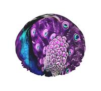 Purple Peacock Shower Cap for Women Men, Elastic and Reusable, Stylish Large Waterproof Shower Bonnet, Washable Hair Bath Caps, Double Layers Bathing Hat for Long Hair, Braids