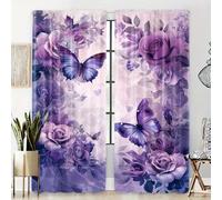 Purple Peony Blackout Curtain Romantic Dreamy Flower Butterfly Print Curtains Energy Saving Thermal Insulated Room Darkening Window Drapes with Grommets for Living, W55" x L72" x 2 Panels
